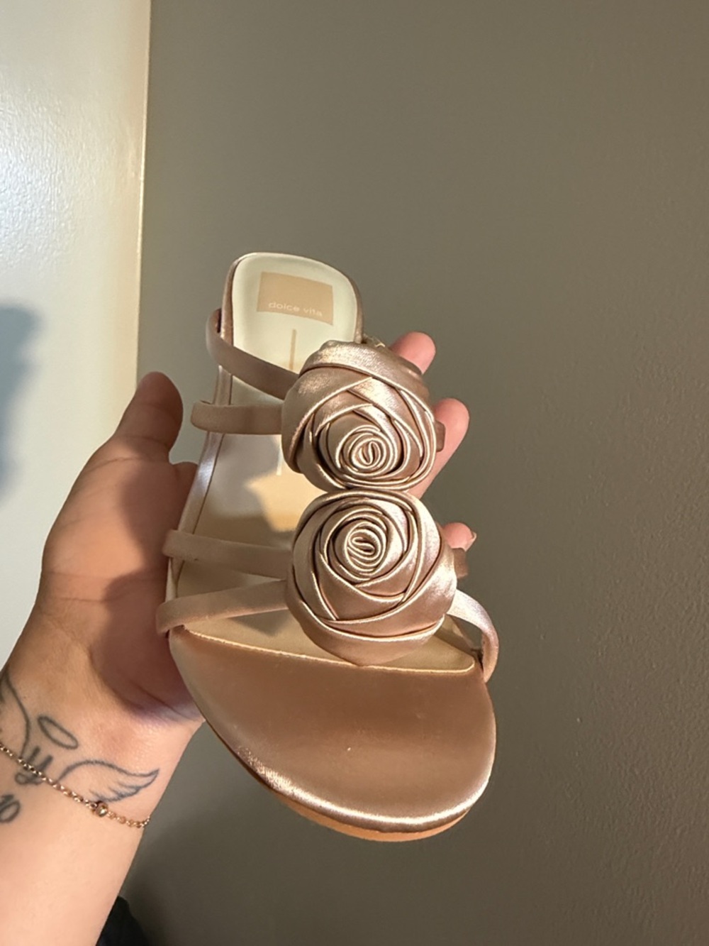 Rosette Slide Mid-Heel Sandal in Rose Gold - Picture 6 of 8